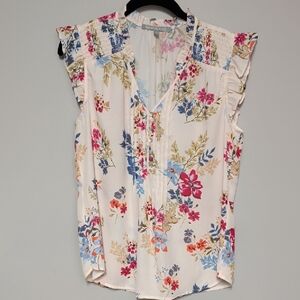 Daniel Rainn Cream Floral Pintuck Cap-Sleeve Blouse